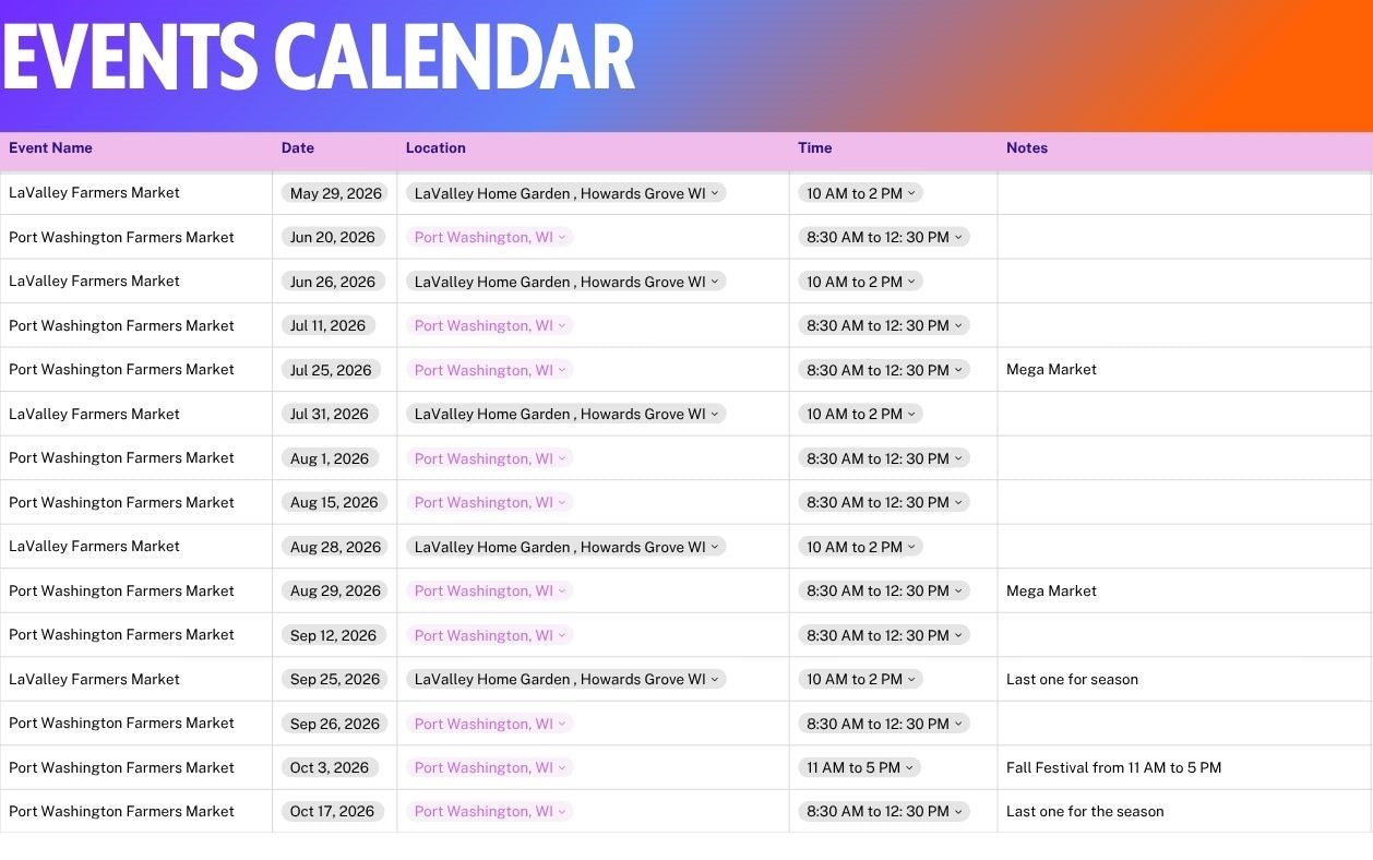 Wenzel's Hilly Lane Acres 2026 Market Schedule